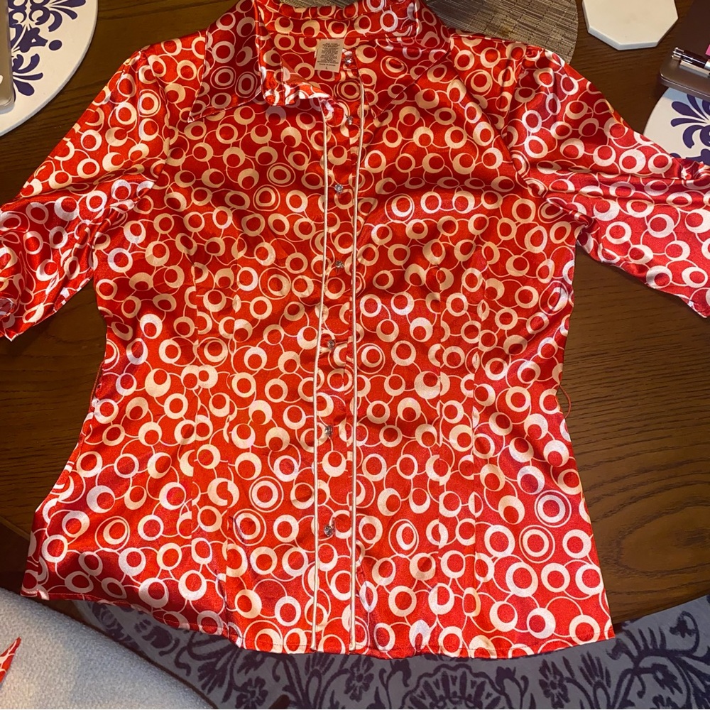 EUC red/white circles blouse, size L